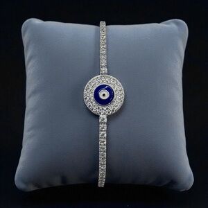 Sterling Silver Evil Eye Adjustable Bracelet Sparkle Crystals Blue Enamel